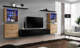 Außergewöhnliche Wohnwand Balestrand 221, Farbe: Eiche Wotan / Schwarz - Abmessungen: 160 x 320 x 40 cm (H x B x T), mit genügend Stauraum