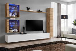 Wohnwand mit LED-Beleuchtung Balestrand 283, Farbe: Eiche Wotan / Weiß - Abmessungen: 180 x 280 x 40 cm (H x B x T), mit genügend Stauraum