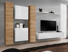 Wohnwand im modernen Design Balestrand 91, Farbe: Eiche Wotan / Weiß - Abmessungen: 180 x 330 x 40 cm (H x B x T), mit genügend Stauraum