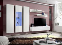 Wohnwand mit Push-to-open Funktion Hompland 38, Farbe: Weiß - Abmessungen: 170 x 260 x 40 cm (H x B x T), mit blauer LED-Beleuchtung