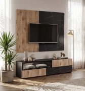 TV-Unterschrank inkl. Wandpaneel | Farbe: Eiche Vicking / Schwarzer Marmor | geriffelte Front | 3 Schubladen | Push-to-open Funktion | 160 x 45 x 120 / 42 cm