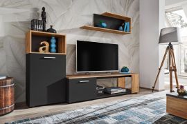 Moderne Wohnwand Bjordal 01, Farbe: Schwarz matt / Eiche Wotan - Abmessungen: 200 x 160 x 40 cm (H x B x T), mit genügend Stauraum