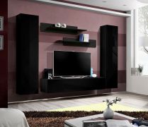 Dunkle Wohnzimmer Wohnwand Hompland 04, Farbe: Schwarz - Abmessungen: 170 x 260 x 40 cm (H x B x T), mit Push-to-open Funktion