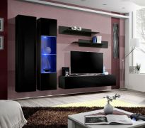 Wohnzimmer Wohnwand Hompland 20, Farbe: Schwarz - Abmessungen: 170 x 260 x 40 cm (H x B x T), mit blauer LED-Beleuchtung