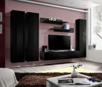 Dunkle Wohnwand Hompland 24, Farbe: Schwarz - Abmessungen: 170 x 260 x 40 cm (H x B x T), mit genügend Stauraum