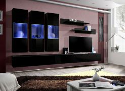 Wohnwand mit Push-to-open Funktion Hompland 48, Farbe: Schwarz - Abmessungen: 170 x 320 x 40 cm (H x B x T), mit blauer LED-Beleuchtung