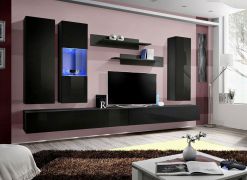 Außergewöhnliche Wohnwand Hompland 60, Farbe: Schwarz - Abmessungen: 170 x 320 x 40 cm (H x B x T), mit blauer LED-Beleuchtung