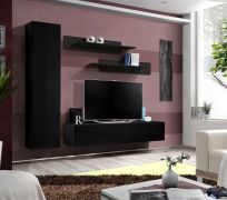 Wohnwand hängend mit LED-Beleuchtung Hompland 64, Farbe: Schwarz - Abmessungen: 170 x 210 x 40 cm (H x B x T), mit genügend Stauraum