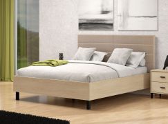 Doppelbett | gepolstertes Kopfteil | Farbe: Eiche light Port / Beige | ABS-Kanten | Liegefläche: 160 x 200 cm | Beine: Schwarz