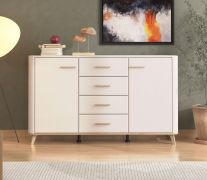 Kommode | 4 Schubladen | Farbe: Kaschmir | 2 Drehtüren | Sideboard | Maße: 154 x 40 x 90,5 cm | Griffe & Beine: Eiche Artisan | 4 Fächer | ABS-Kanten