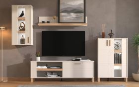 Wohnwand | Farbe: Kaschmir / Eiche Artisan | 2 Vitrinen | ABS-Kanten | 1 TV-Unterschrank | Maße: 289 x 40 x 181 cm | getöntes Glas | 1 Wandregal