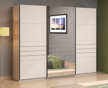Kleiderschrank | 3-türig | 1 Spiegeltür | Farbe: Kaschmir | 3 Kleiderstangen | Maße: 167 x 61 x 217 cm | Schiebetürenschrank | sehr breit | 3 Fächer