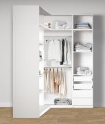 Offener Eckkleiderschrank | 4 Schubladen | 10 Fächer | Farbe: Weiß | 2 Kleiderstangen | 5 Holzeinlegeböden | Maße: 108,5 x 55 x 234 cm | für Schlafzimmer