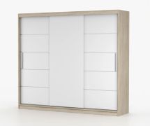 2,5 Meter breiter Kleiderschrank / Schiebetürenschrank Eiche / Weiß | Cevennen 04 | 218 x 250 x 61 cm | 3 Türen | 12 Fächer |  Front in Holzoptik