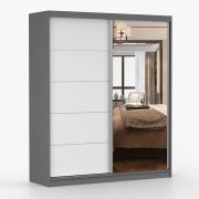 Kleiderschrank / Schiebetürenschrank mit Spiegel | Weiß / Schwarz | Cuillin 04 | 218 x 183 x 61 cm | 2 Türen | 6 Fächer | viel Platz | 2-farbig