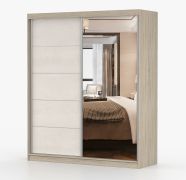Kleiderschrank / Schiebetürenschrank mit Spiegel | Seide / Eiche | Cuillin 06 | 218 x 183 x 61 cm | 2 Türen | 6 Fächer | viel Stauraum | Holzoptik