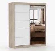 1,6 Meter breiter Kleiderschrank / Schiebetürenschrank mit Spiegel | Eiche / Weiß | Galtee 02 | 195 x 160 x 61 cm | 2 Türen | 6 Fächer |  Holzoptik