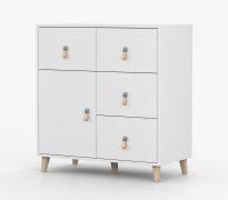 Kommode | Weiß | Taygetos 02 | 96 x 90 x 45 cm | 4 Schubladen | 1 Fach | Ledergriffe | Holzbeine 14 cm hoch | Einfarbig | skandinavischer Stil