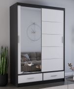 Kleiderschrank / Schiebetürenschrank 1,5 Meter breit | Lusatian 07 | Weiß / Schwarz | mit Spiegel | 6 Fächer | 2 Schubladen | 2 Türen | 218 x 150 x 61