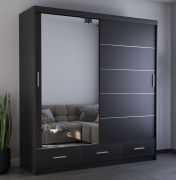 Schiebetürenschrank / Kleiderschrank mit Spiegel Schwarz | Lusatian 26 | 218 x 203 x 61 cm | 2 Türen | 3 Schubladen | 12 Fächer | viel Stauraum