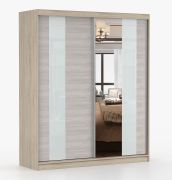 Schiebetürenschrank / Kleiderschrank mit Spiegel | Grau-Weiß / Eiche | Gorski 06 | 218 x 183 x 61 cm | 2 Türen | 6 Fächer | große Kapazität