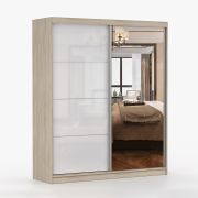 Kleiderschrank / Schiebetürenschrank 1,8 Meter breit | Gorski 02 | Weiß / Eiche | mit Spiegel | 6 Fächer | Griffe: Metall | 218 x 183 x 61 cm