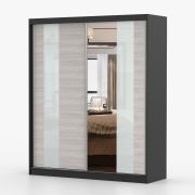 Schiebetürenschrank / Kleiderschrank mit Spiegel | 218 x 183 x 61 cm | Grau-Weiß / Schwarz | Gorski 08 | 2 Türen | 6 Fächer | reichlich Stauraum