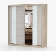 2 Meter breiter Schiebetürenschrank / Kleiderschrank mit Spiegel | Grau-Weiß / Eiche | Gorski 34 | 218 x 203 x 61 cm | 2 Türen | 6 Fächer | modern