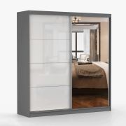 Schiebetürenschrank / Kleiderschrank mit Spiegel Weiß / Grau | Gorski 31 | 218 x 203 x 61 cm | 2 Türen | 6 Fächer | viel Stauraum | Zweifarbig
