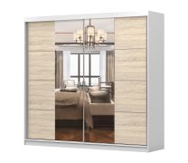 2,3 Meter breiter Schiebetürenschrank / Kleiderschrank mit Spiegel Eiche / Weiß | Gorski 70 | 218 x 233 x 61 cm | 3 Türen | 12 Fächer | Griffe: Metall