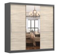 2,3 Meter breiter Schiebetürenschrank / Kleiderschrank mit Spiegel Eiche / Grau | Gorski 76 | 218 x 233 x 61 cm | 3 Türen | 12 Fächer | Zweifarbig