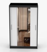 Schiebetürenschrank / Kleiderschrank | mit Spiegel | Weiß / Schwarz | Rudawy 09 | 61 x 120 x 200 cm | 2 Türen |1 Kleiderstange | 6 Fächer | eckig