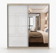 Schiebetürenschrank / Kleiderschrank | mit Spiegel Weiß / Sonoma Eiche | Sredna 08 | 218 x 203 x 61 cm | 2 Türen | 7 Fächer | 3 Schubladen