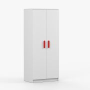 Drehtürenschrank / Kleiderschrank | 192 x 80 x 50 cm | Weiß | Smolikas 69 | 2 Türen | Kleiderstange | rote Holzgriffe | 5 Fächer | viel Ablagefläche