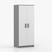 Drehtürenschrank / Kleiderschrank | 192 x 80 x 50 cm | Weiß / Grau | Smolikas 64 | 2 Türen | 1 Kleiderstange | 5 Fächer | graue Holzgriffe