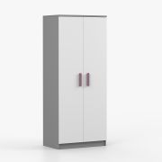 Drehtürenschrank / Kleiderschrank  Weiß / Grau | Smolikas 62 | 192 x 80 x 50 cm | 2 Türen | 1 Kleiderstange | 5 Fächer | violette Holzgriffe