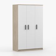 Drehtürenschrank / Kleiderschrank Weiß / Sonoma Eiche | Smolikas 107 | 192 x 120 x 50 cm | 3 Türen | 9 Fächer | Holzgriffe | 1 Kleiderstange