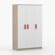 Drehtürenschrank / Kleiderschrank | 192 x 120 x 50 cm | Holzgriffe | Weiß / Sonoma Eiche | Kleiderstange | Smolikas 104 | 3 Türen | 9 Fächer