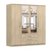 Kleiderschrank / Drehtürenschrank 2 Meter breit | Kopaonik 06 | Sonoma Eiche | mit Spiegel | 3 Schubladen | 4 Türen | 207 x 200 x 59 cm | 6 Fächer