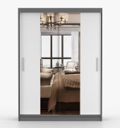 Kleiderschrank / Schiebetürenschrank | Weiß / Grau | Bucegi  03 | mit Spiegel | 2 Türen | Griffe Aluminium | 200 x 150 x 61 cm | Kleiderstange