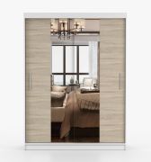 Schiebetürenschrank / Kleiderschrank | Spiegel | Sonoma Eiche / Weiß | Bucegi  05 | 200 x 150 x 61 cm | 2 Türen | Griffe: Aluminium | 6 Fächer
