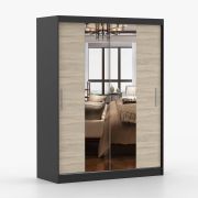 1,5 Meter breiter Kleiderschrank / Schiebetürenschrank | Sonoma Eiche / Schwarz | Bucegi  08 | mit Spiegel | 2 Türen | Griffe: Aluminium | 6 Fächer