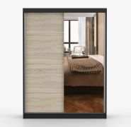 Schiebetürenschrank / Kleiderschrank mit Spiegel Sonoma Eiche / Schwarz | Bucegi  25 | 200 x 150 x 61 cm | 2 Türen | Griffe: Aluminium | 6 Fächer