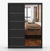 Schiebetürenschrank / Kleiderschrank | Spiegel | 200 x 150 x 61 cm | Schwarz | Bucegi  32 | 2 Türen | 6 Fächer | Griffe: Aluminium | Kleiderstange