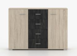Kommode | 93 x 135 x 44 cm | Sonoma / Kiefer | Komovi 03 | 2 Türen | 4 Schubladen | 6 Fächer | Griffe: Aluminium silberfarben | eckig