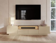 TV-Unterschrank | Farbe: Kakao / Eiche Cremona | 2 Drehtüren | inkl. LED-Beleuchtung | 3 Fächer | 203 x 40 x 43 cm | Push-to-open Funktion | TV-Board | 2 Schubladen