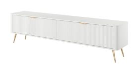 TV-Unterschrank | Weiß | TV-Board / TV-Möbel | 2 Fächer | 2 Kipptüren | Maße: 51 x 200 x 38 cm | moderne Lamellen Front | Griffe & Beine: Metall