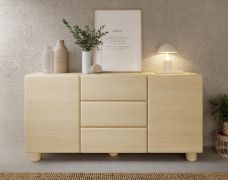 Kommode | 2 Türen | 3 Schubladen | Farbe: Eiche Vicenza | 4 Fächer | Push-to-open Funktion | 160 x 38 x 80 cm | Holzbeine | weiche Linien | ABS-Kanten