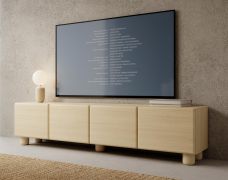 TV-Unterschrank | 4 Kipptüren | Farbe: Eiche Vicenza | Push-to-open Funktion | 200 x 38 x 47 cm | 4 Fächer | ABS-Kanten | Holzbeine | TV-Möbel