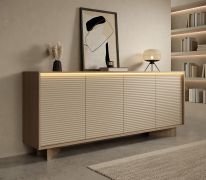 Kommode | Farbe: Bolivar Natur / Cappuccino | 3 Drehtüren | 8 Fächer | Push-to-open Funktion | inkl. LED-Beleuchtung | 204 x 40 x 85 cm | Sideboard